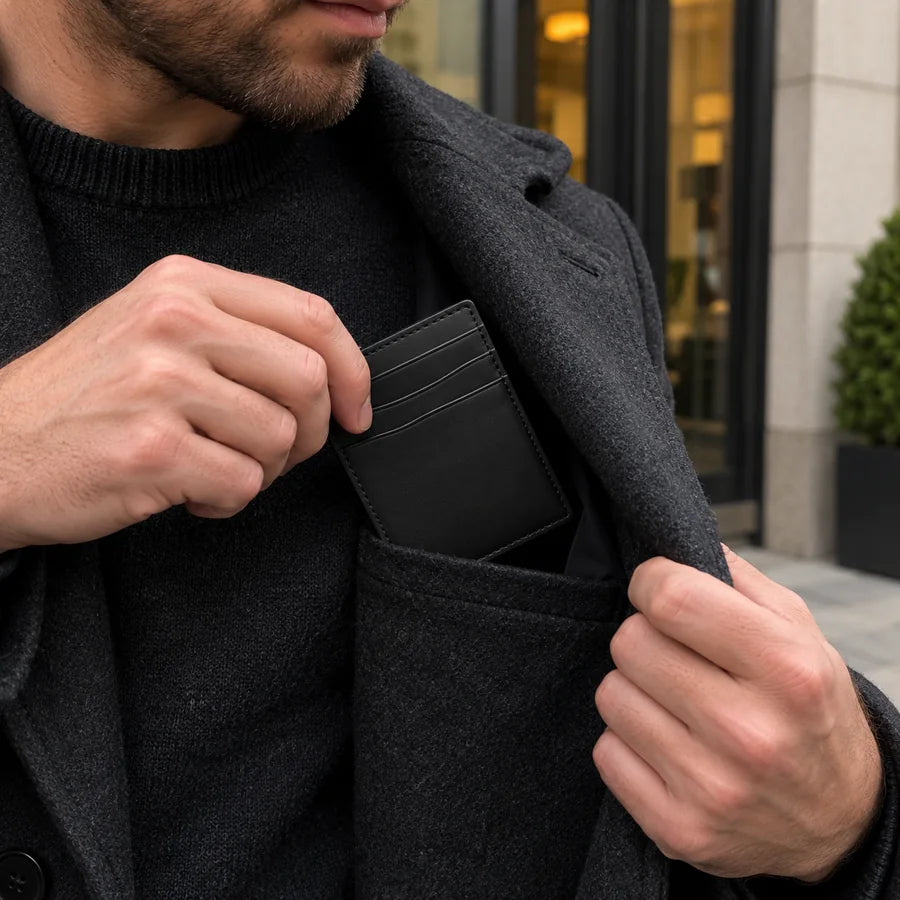 Cliente che estrae il portacarte dal cappotto